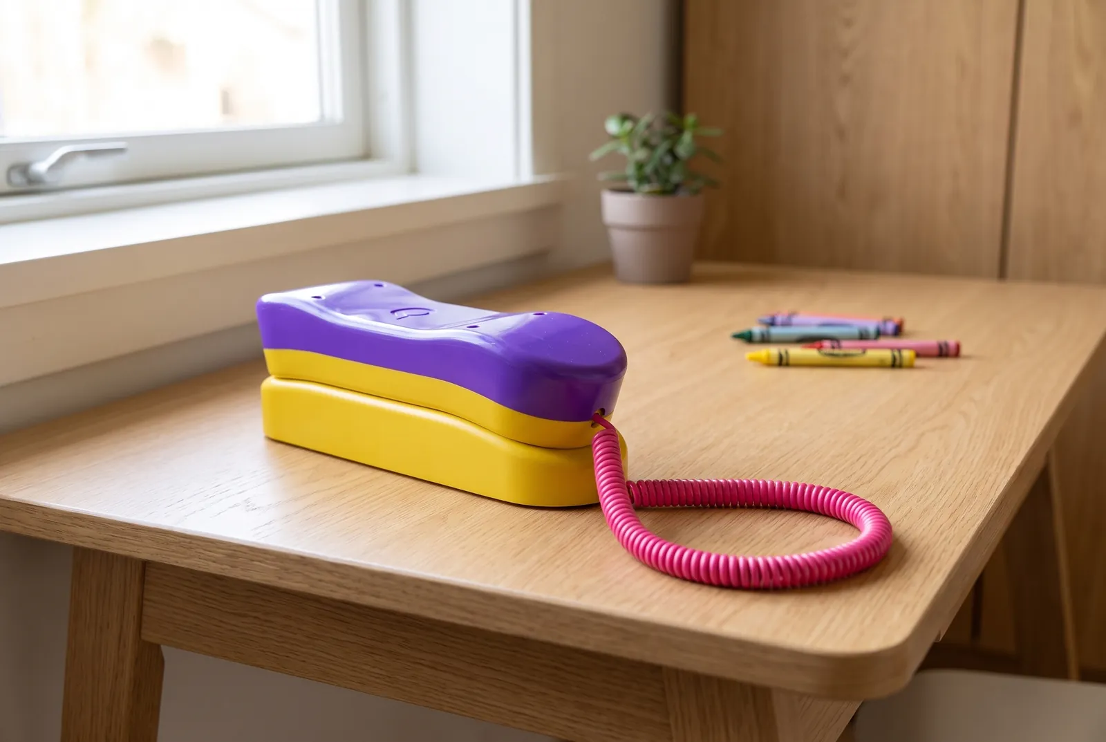 Quassel steht am Fenster auf einem Kinderschreibtisch, daneben Buntstifte